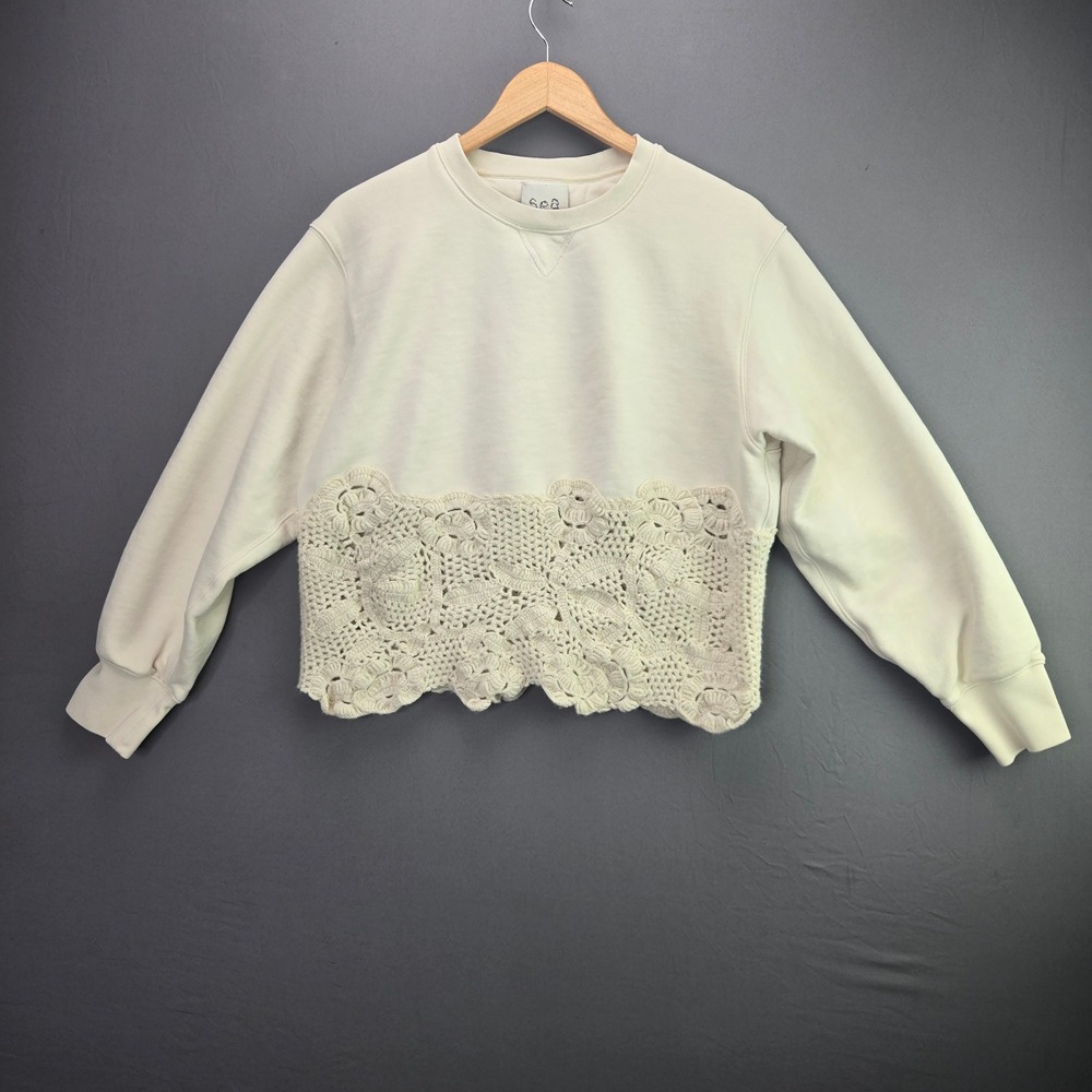 Sea New York Sweatshirt Crochet Wool Lace Hem XL Cream Pullover Cotton Boho